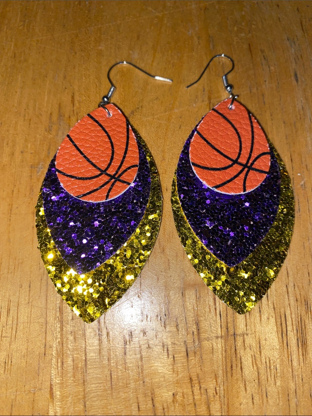 Orange Basketball Pattern Purple and Gold Glitter Layered Earrings - Brand
